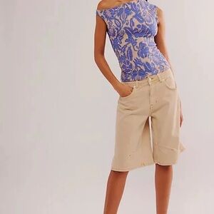 Free People Shea Top Blue Combo One Shoulder Smocked Size L NWT